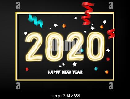 2020 happy New Year black  background with golden frame. Gold decoration with glowing neon number. Vector winter holiday greeting card template. Stock Vector