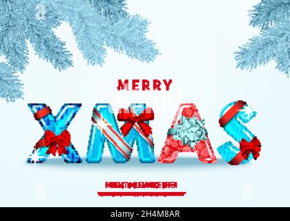 Merry Christmas card  with red and blue decorative letters with  gift bow, ribbon  and silver  fir branch in  hoarfrost on white   background. Xmas te Stock Vector