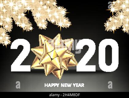 2020 happy New Year black background with golden gift bow and glittering  gold spruce branch. Christmas decoration with  number. Vector winter holiday Stock Vector