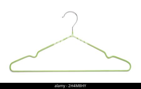 Metal green hanger for clothes isolated on white background. Aluminum cloth hanger isolated. Cloth hanger isolated Stock Photo