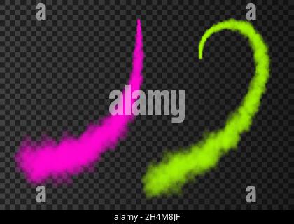Color smoke from space rocket launch. Green, pink  foggy plane trail  isolated on transparent background. Fog.  Realistic vector texture. Stock Vector