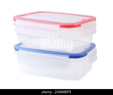 Plastic food storage containers isolated on white background Stock Photo
