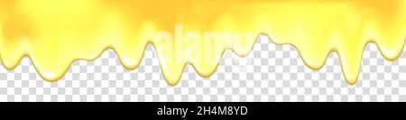 Honey drip. Golden syrup, caramel, jam, liquid oil. Yellow paint. Dripping pineapple, lemon, orange, mango jelly. Vector juice background. Stock Vector