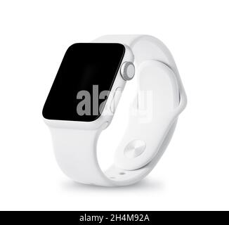 Moscow, Russia - 29 June 2020: Apple Watch Sport 38mm silver aluminum case with white sport band with activity. Isolated on white background. Stock Photo