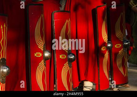 shields of roman legionaries in a historical recreation festival Stock Photo