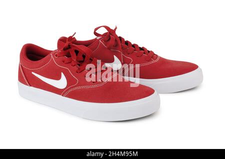 Moscow, Russia - August 10, 2020: NIKE red skaters sneakers isolated on white background Stock Photo