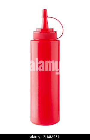 Red plastic bottle of tomato ketchup isolated on white background with reflection on glossy surface Stock Photo