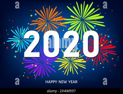 2020 happy New Year blue background with multicolored firework . Christmas decoration with white number. Vector winter holiday greeting card template. Stock Vector