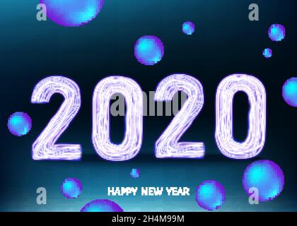 2020 happy New Year blue background. Christmas decoration with glowing neon ultraviolet number. Vector winter holiday modern greeting card. Stock Vector
