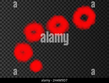 Red  puff  of  smoke  isolated on transparent background.  Steam rings from  smoking pipe special effect.  Realistic  vector rising circles of  fog or Stock Vector