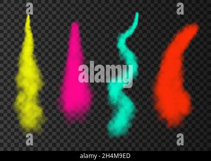 Color smoke from space rocket launch. Green, pink, red, yellow  foggy plane trail  isolated on transparent background. Fog.  Realistic vector texture. Stock Vector