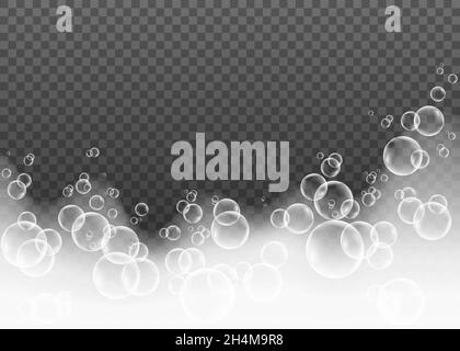 Foam effect  with soap bubbles isolated on transparent background. Vector suds texture. Stock Vector