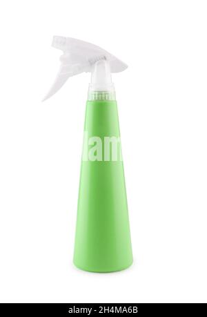 Green plastic spray bottle on isolated background Stock Photo