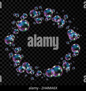 Realistic transparent colorful soap  bubbles with rainbow reflection isolated on checkered background. Circle frame. Vector texture. Stock Vector