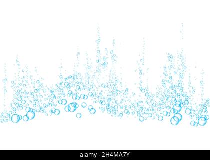 Effervescent drink. Underwater blue fizzing air bubbles on white  background. Fizzy sparkles in water, sea, aquarium, ocean. Fizz. Undersea vector tex Stock Vector