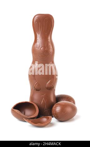 Easter chocolate bunny with chocolate eggs isolated on a white background Stock Photo