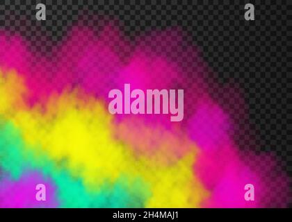 Blue, green smoke burst isolated on transparent background. Color steam  explosion special effect. Realistic vector column of fire fog or mist  texture .