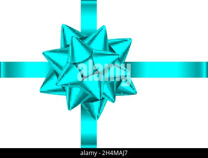 Blue  satin gift ribbon and bow isolated on white background. Christmas, New Year, birthday decoration. Vector realistic decor element  for banner, gr Stock Vector