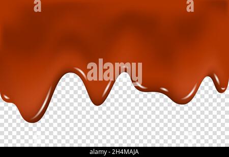 Dripping melted chocolate isolated on transparent background. Liquid cocoa cream. Drip. Realistic vector illustration. Stock Vector