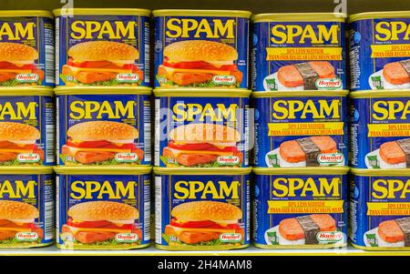 Full frame image of SPAM cans by Hormel Foods seen on a store shelf in Toronto, Canada on November 2, 2021 Stock Photo