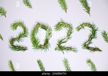 Lightbox with 2022 numbers handmade from Christmas tree branches. Stock Photo