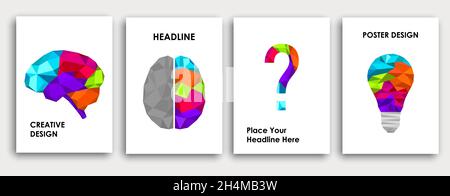 Colorful book cover design. Brain left and right side creative concept. Abstract science background. Low polygon light bulb concept of idea. Polygonal Stock Vector