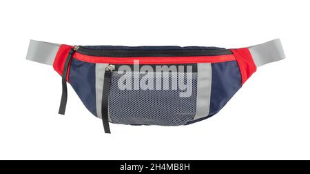 Red and blue waist bag, front view, mock-up, clipping path isolated on white background Stock Photo