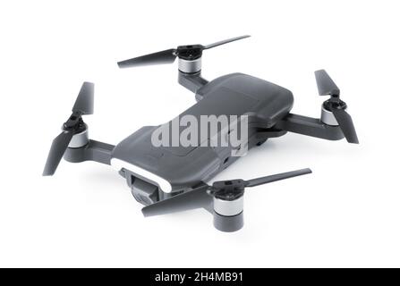 New grey drone quadcopter with digital camera flying isolated on white background Stock Photo