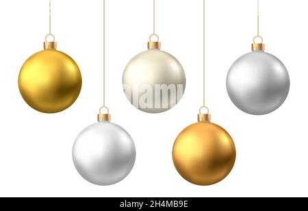 Realistic  gold, silver  Christmas  balls  isolated on white background. Vector  Xmas  tree decoration. Stock Vector