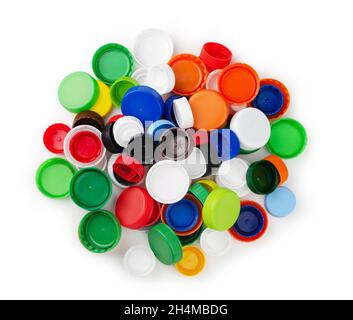 Plastic bottle caps isolated on white background. Top view Stock Photo