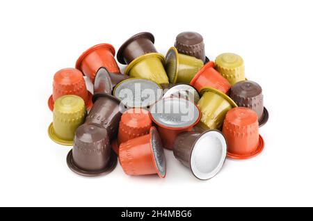 Collection of coffee capsules isolated on white background. Chocolate, caramel and caramel. Stock Photo