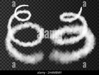 White smoke  plane spiral  track isolated on transparent background. Rocket takeoff. Realistic vector cloud or fog  texture. Stock Vector