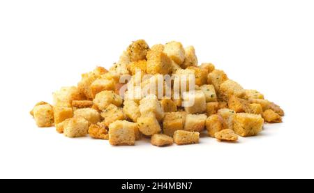 Pile of homemade bread croutons isolated on white background Stock Photo