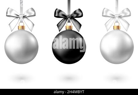 Realistic  black, silver  Christmas  balls  with bow isolated on white background. Vector  Xmas  tree decor for Black Friday sale banner. Stock Vector