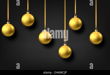 Golden  hanging Christmas balls isolated on black  background. Xmas realistic baubles decor. Vector gold holyday decorations. Stock Vector