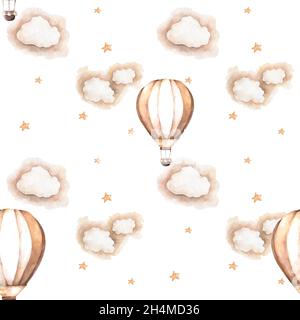 Seamless background cartoon pattern Balloons float in the sky with clouds and rainbows Hand drawn design in children's style. Use for prints Stock Photo