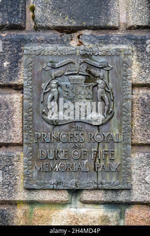 Braemar, Scotland- Oct 17, 2021: The plaque for The Princess Royal and Duke of Fife Memorial Park in the Cairngorms of Scotland Stock Photo