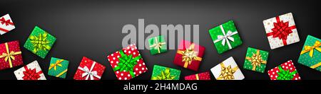 Gift box with green, red, white and golden ribbon and bow on black background, top view. Christmas, New Year party, Black Friday, Happy birthday packa Stock Vector