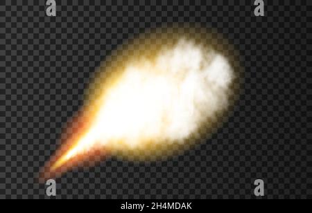 Flame and smoke from space rocket launch. Fire, comet or meteor on transparent background.  Spaceship take off. Plane jets track or ship trail. Vector Stock Vector