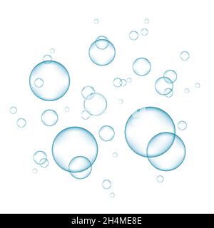 Fizz. Underwater blue fizzing air, water or oxygen  bubbles on white  background. Fizzy sparkles in sea, aquarium.  Undersea vector texture. Stock Vector