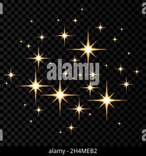Gold neon  stars lights effects isolated on black transparent background. Shining  golden   sparkles. Firework. Vector design element. Stock Vector