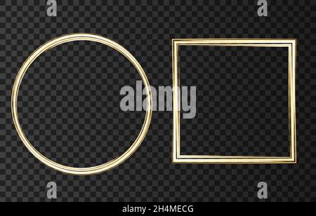 Gold glowing frame with lights effects isolated on black transparent background. Shining  golden  square, round banner. Vector neon shape. Stock Vector