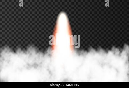 Flame and smoke from space rocket launch. Fire, comet or meteor on transparent background.  Spaceship take off. Plane jets track or ship trail. Vector Stock Vector
