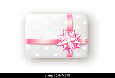 Pink and green gift box with ribbon and bow, top view. Christmas, New Year party, Happy birthday, wedding or Mather day package design.  Vector. Stock Vector