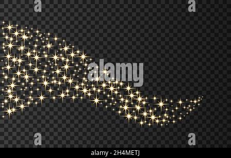 Gold neon stars wave lights effects isolated on black transparent background. Shining  golden   sparkles. Firework. Vector design element. Stock Vector