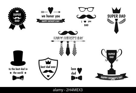 Happy Father’s Day labels set. Flat style vector logo and emblems for greeting card, barbershop, t-shirt design. Stock Vector