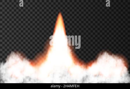 Flame and smoke from space rocket launch. Fire, comet or meteor on transparent background.  Spaceship take off. Plane jets track or ship trail. Vector Stock Vector
