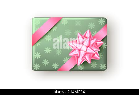 Pink and green gift box with ribbon and bow, top view. Christmas, New Year party, Happy birthday, Easter or Mather day package design.  Vector. Stock Vector