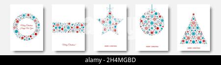 Christmas tree, ball with  red, blue  holiday pattern from snowflakes, xmas elements and decorations. Vector New Year flat illustration for greeting c Stock Vector