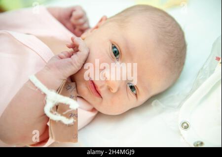a newborn baby on the first day of its birth in the maternity hospital. Stock Photo